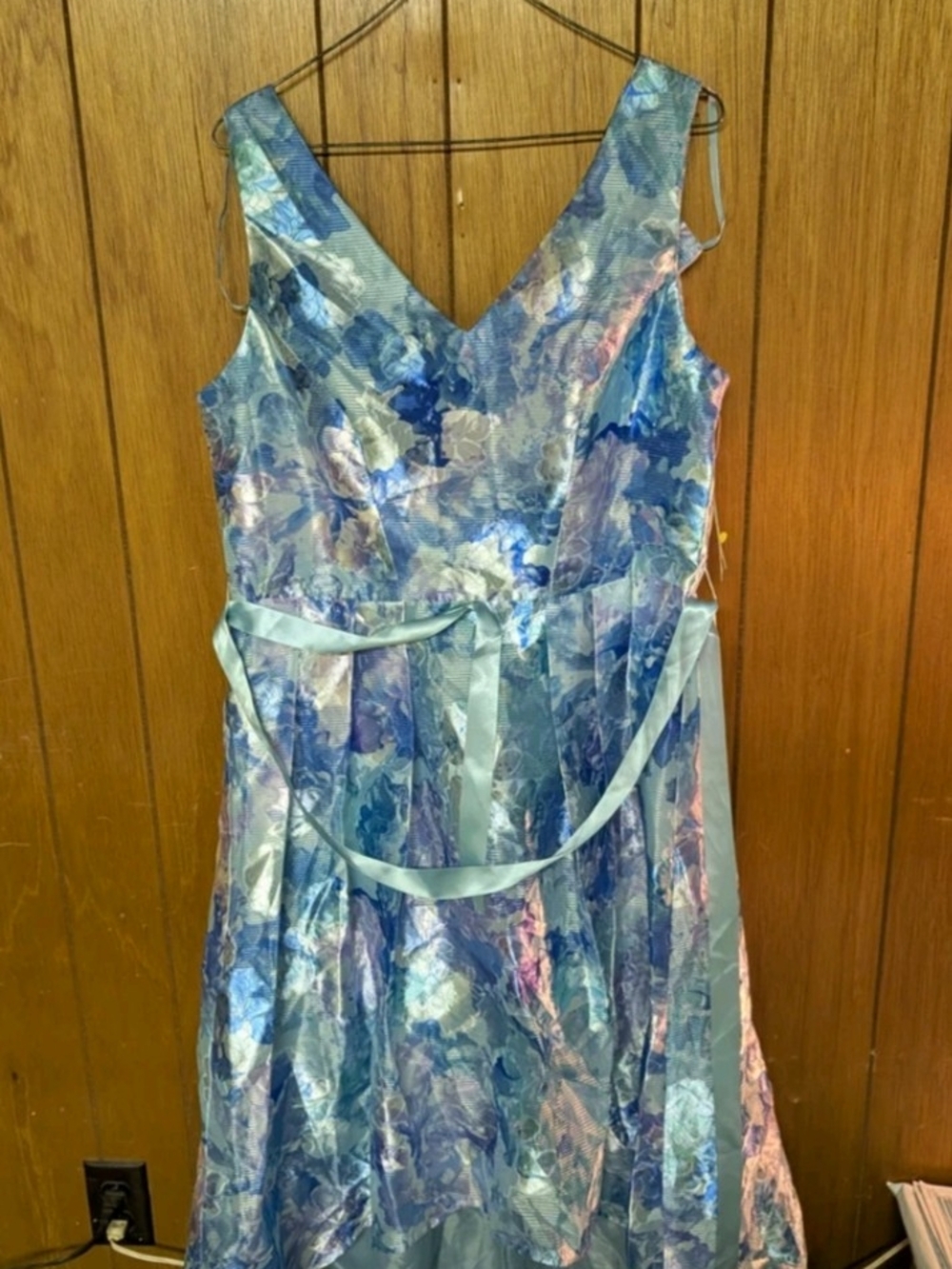 Blue Floral Satin V-Neck Prom Dress with Waist Sash